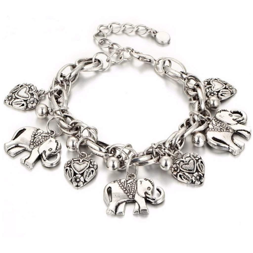 Silver Elephant and Heart Charm Bracelet-Charms,Silver Bracelets