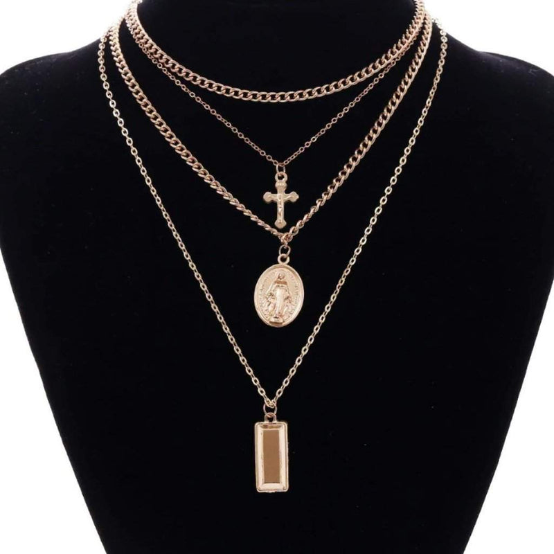 Gold Layered Mother Mary and Cross Necklace-Cross,Gold Necklaces,Layered Necklaces,Saint