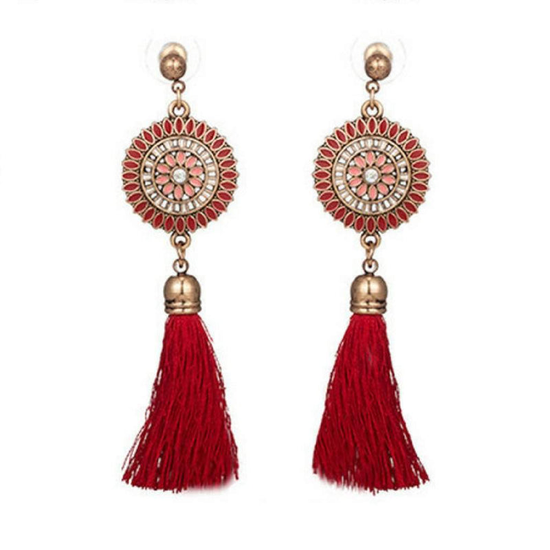 Red Bohemian Gold Disc and Tassel Earrings-Dangle Earrings,Gold Earrings,Red,Studs,Tassel Earrings