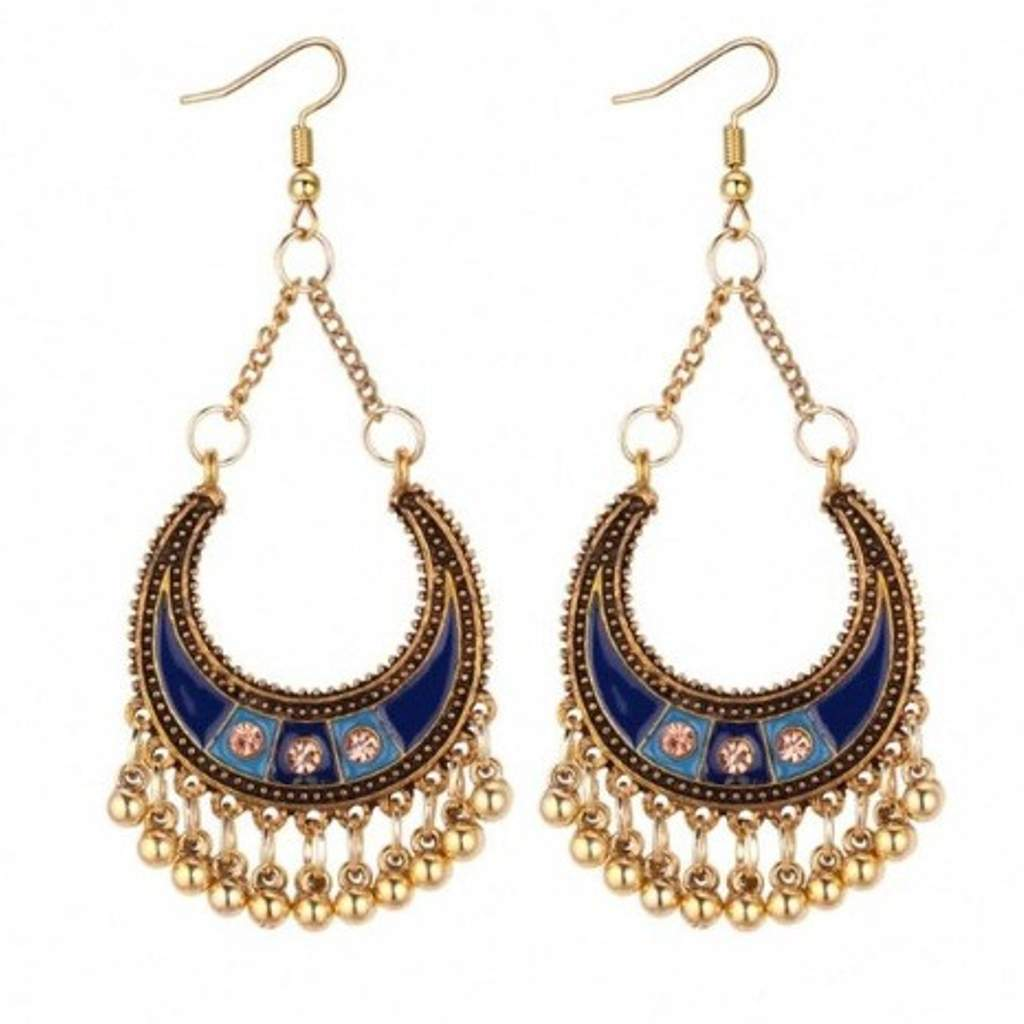 Blue Enamel and Gold Half Moon Boho Earrings-Blue,Dangle Earrings,Gold Earrings