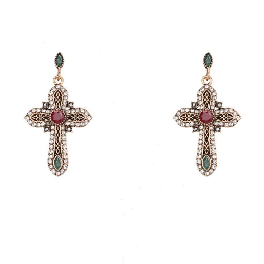 Gold Ornate Crystal Religious Cross Earrings-Cross,Dangle Earrings,Gold Earrings