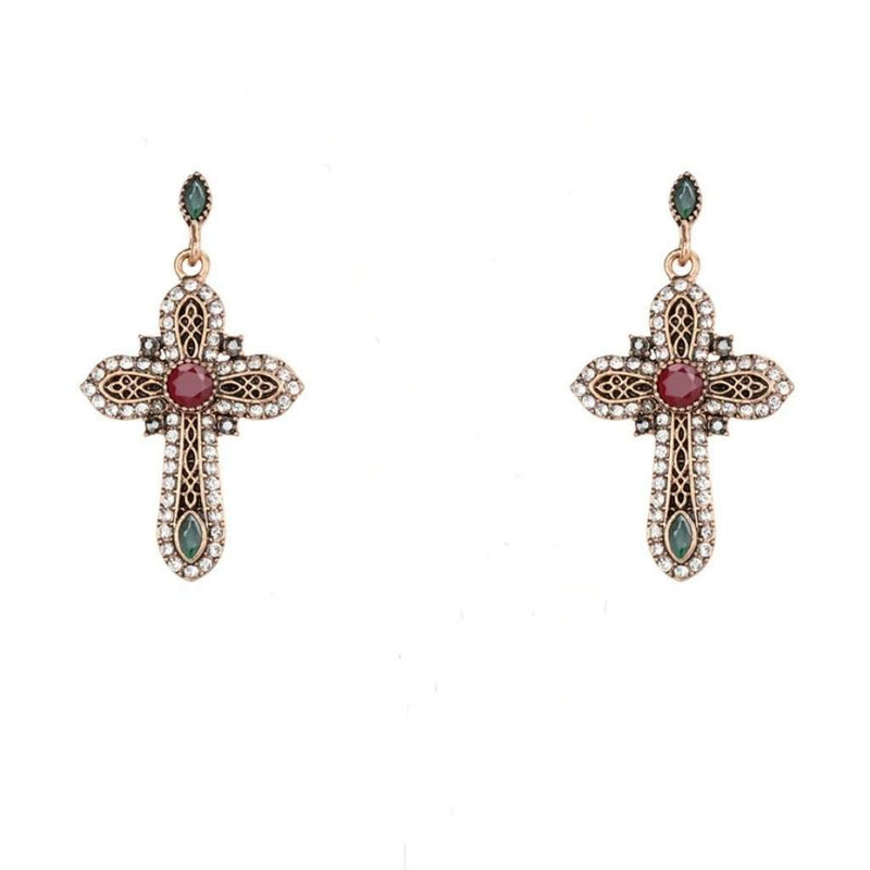 Gold Ornate Crystal Religious Cross Earrings.