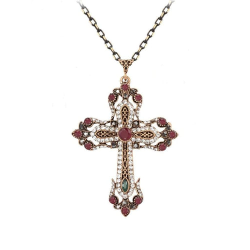 Gold Ornate Crystal Religious Cross Necklace-Antique,Cross,Gold Necklaces,Red,Religious,Vintage
