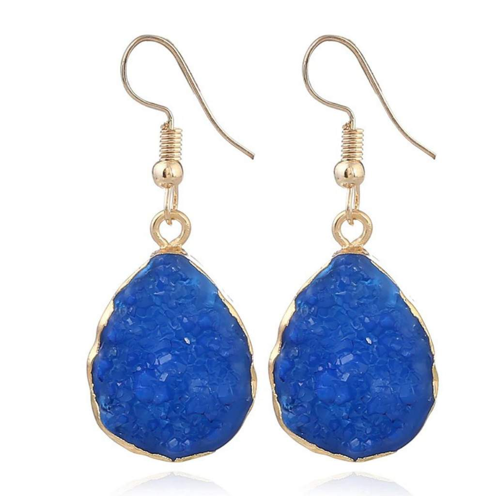 Blue Druzy Teardrop Dangle Earrings-Blue,Dangle Earrings