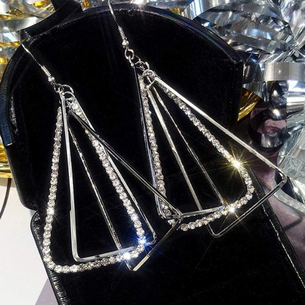 Silver Multi Triangle and Rhinestone Long Dangle Earrings-Dangle Earrings,Silver Earrings