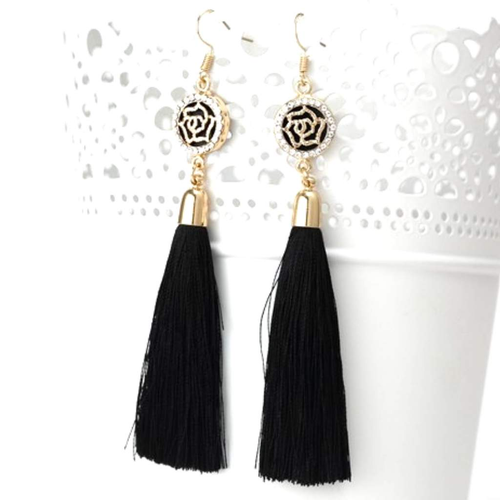 Black Tassel Earrings with Gold and Crystal Flower Charm-Dangle Earrings,Gold Earrings,Tassel Earrings