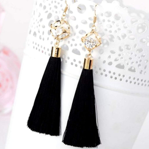 Black Tassel Earrings with Gold Square and Crystal-Dangle Earrings,Gold Earrings,Tassel Earrings