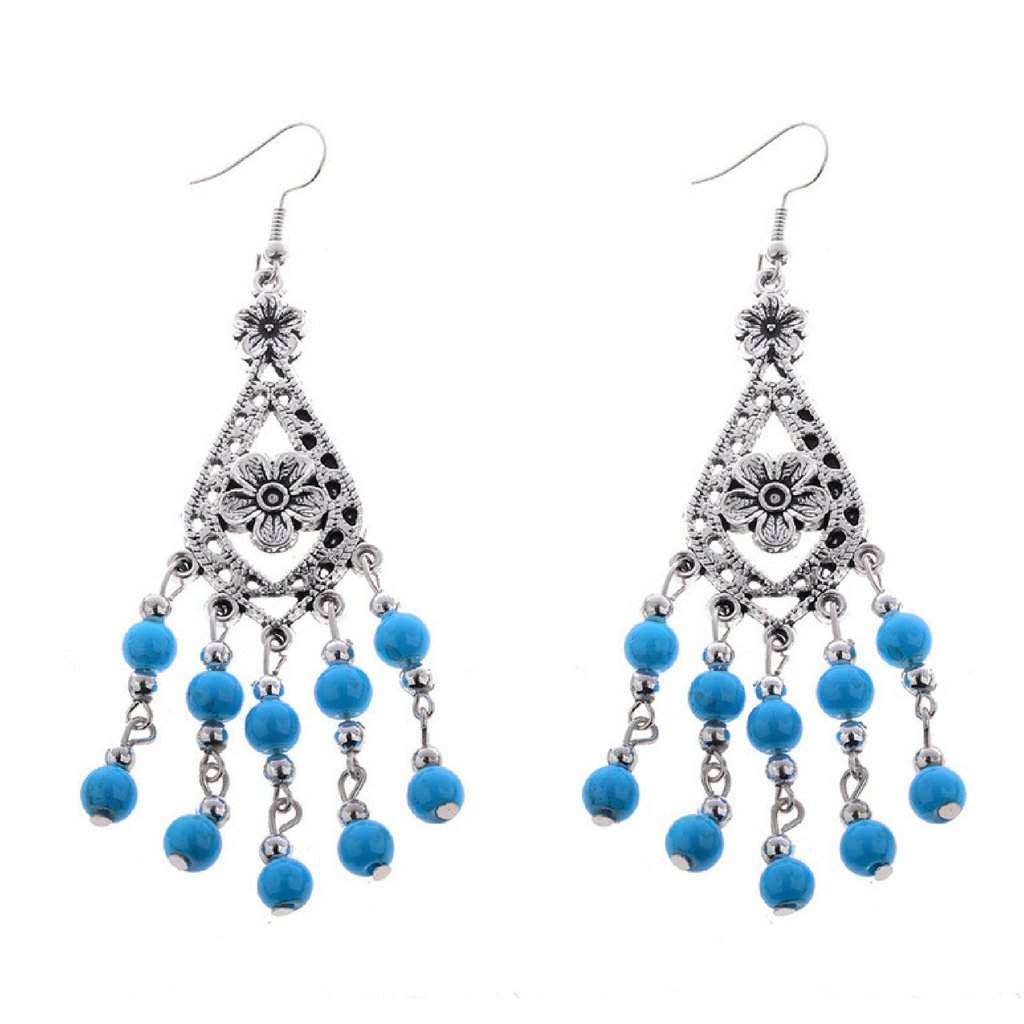 Royal Blue and Silver Beaded Flower Dangle Earrings-Blue,Dangle Earrings,Silver Earrings