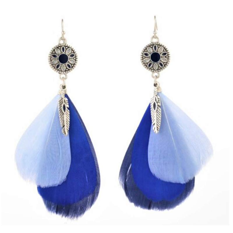 Blue Feather Long Dangle Earrings-Blue,Dangle Earrings,Feather
