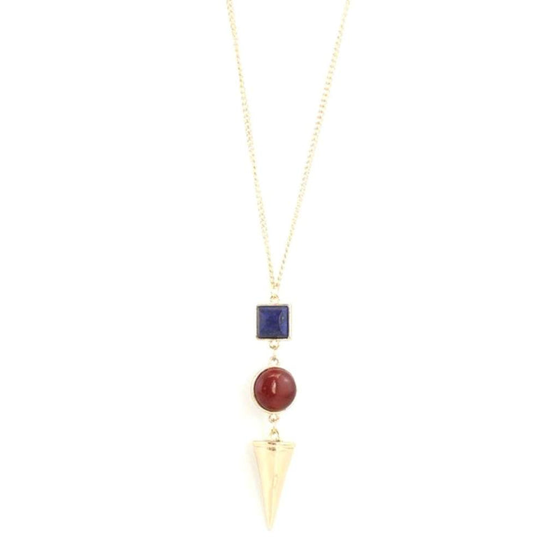 Blue, Red and Gold Cone Pendant Necklace-Blue,Gold Necklaces,Long Necklaces,Red