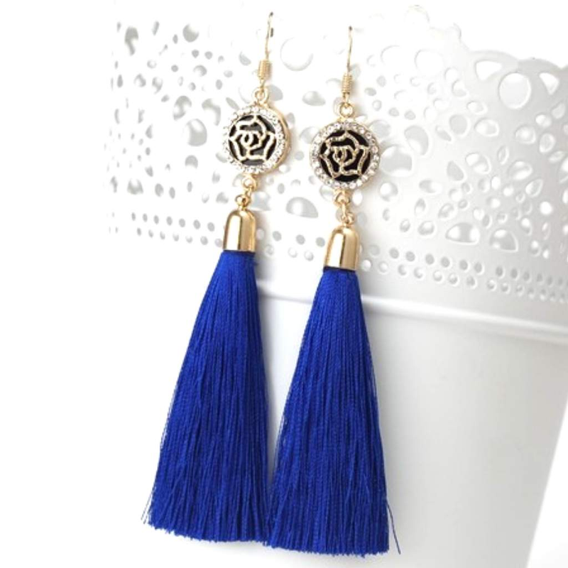 Navy Blue Tassel Earrings with Gold and Crystal Flower Charm-Blue,Dangle Earrings,Gold Bracelets,Tassel Earrings