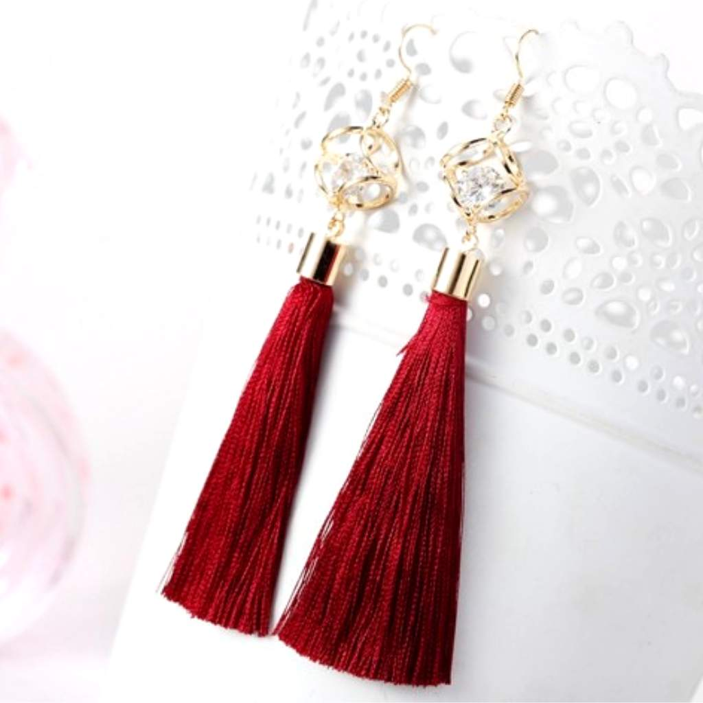 Burgundy Tassel Earrings with Gold Square and Crystal-Dangle Earrings,Gold Earrings,Tassel Earrings
