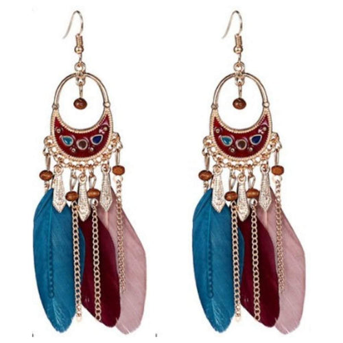 Multi Colored Feather and Gold Boho Dangle Earrings-Blue,Dangle Earrings,Feather,Gold Earrings