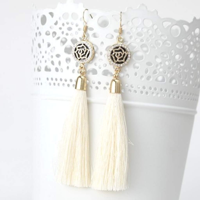 Off White Tassel Earrings with Gold and Crystal Flower Charm-Dangle Earrings,Gold Earrings,Tassel Earrings,White