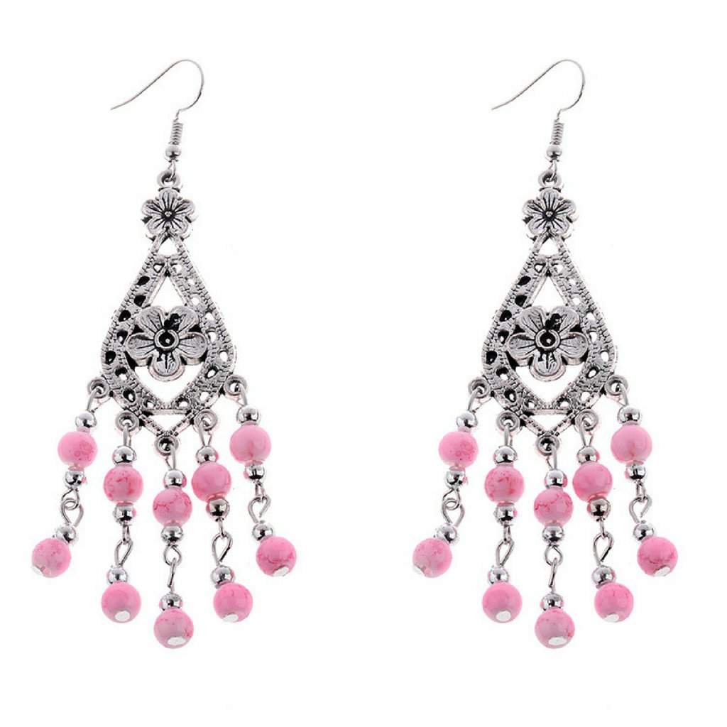 Pink and Silver Beaded Flower Dangle Earrings-Dangle Earrings,Pink,Silver Earrings