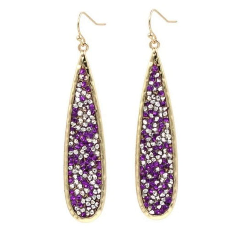 Purple and Clear Crystal Pave Long Teardrop Earrings-Dangle Earrings,Gold Earrings,Purple