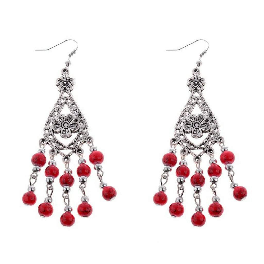 Red and Silver Beaded Flower Dangle Earrings-Dangle Earrings,Red,Silver Earrings