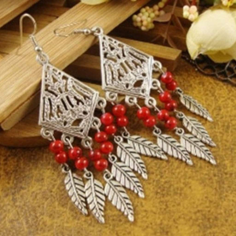 Silver Leaves and Red Beaded Chandelier Earrings-Dangle Earrings,Red,Silver Earrings