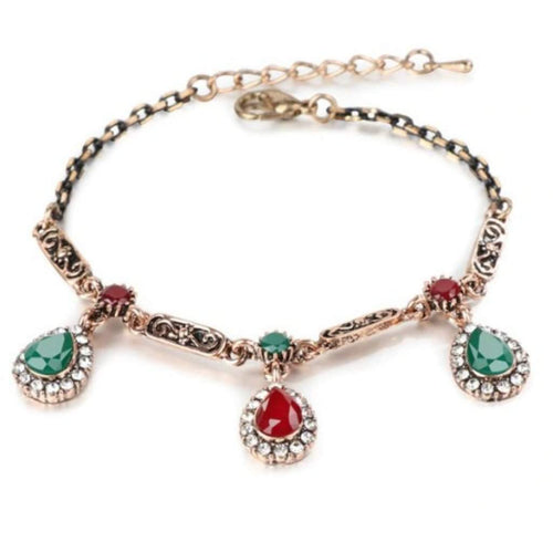 Red and Green Teardrop Gold Antique Chain Bracelet-Charms,Gold Bracelets,Green,Red