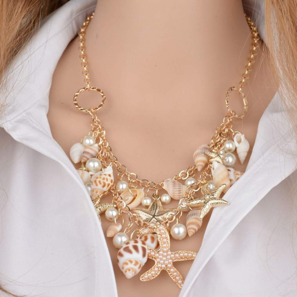 Shell Layered Gold Chain Necklace-Gold Necklaces,Shell