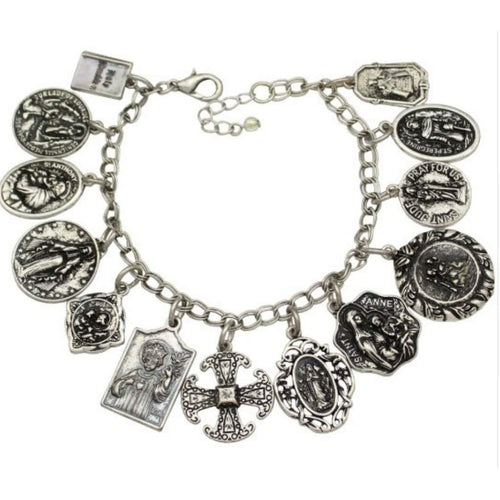 Antique Silver Religious Saints Charm Bracelet-Charms,Religious,Saint,Silver Bracelets