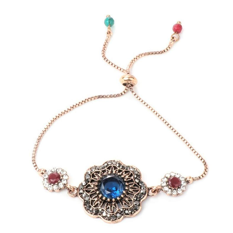 Gold Antique Blue Crystal Adjustable Bracelet-Antique,Blue,bracelets,Gold,Gold Bracelets,Red