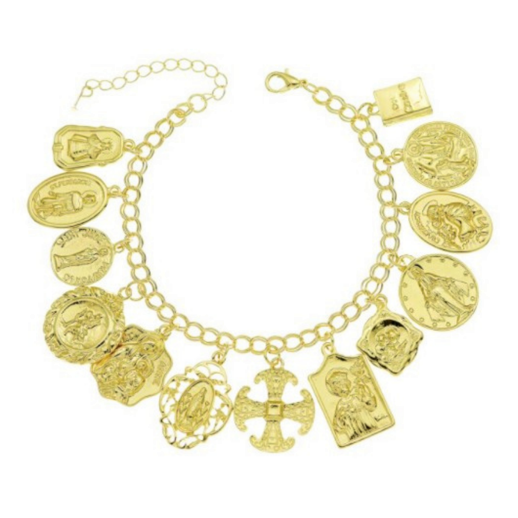 Bright Gold Religious Saints Charm Bracelet