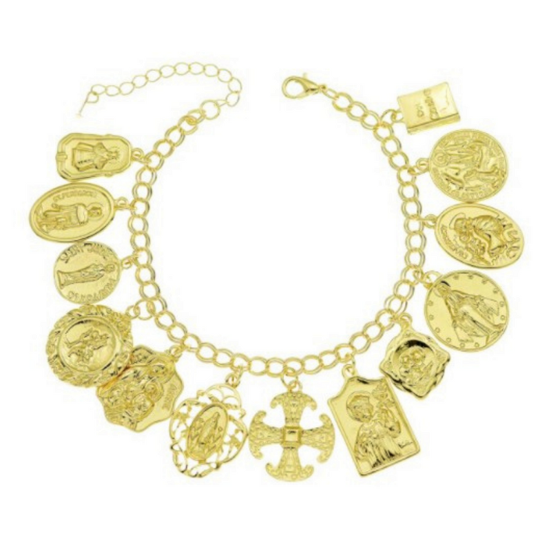A gold chain charm bracelet with various religious saint charms attached.
