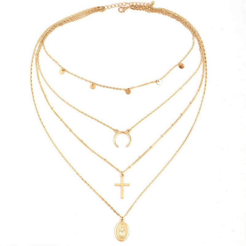 Gold Layered Cross, Mother Mary, and Crescent Necklace-Gold Necklaces,Layered Necklaces,Long Necklaces