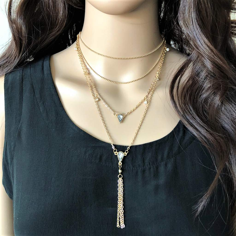 Gold Multi Layered Crystal and Tassel Necklace-Gold Necklaces,Layered Necklaces