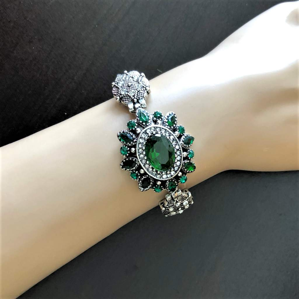 Green Crystal Antique Silver Bracelet-Green,Silver Bracelets