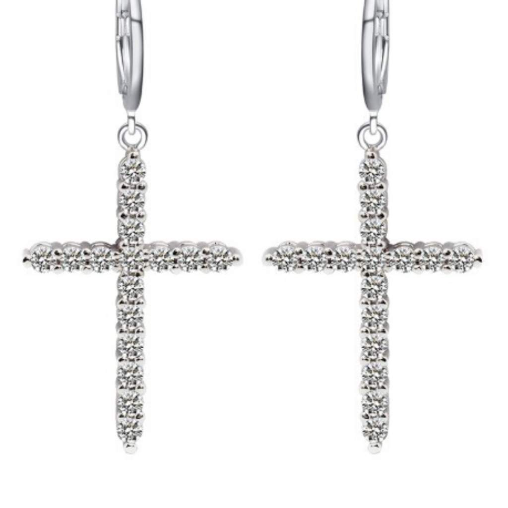 Silver Cross Dangle Earrings-Cross,Dangle Earrings,Earrings,Religious,Saint,Silver Earrings