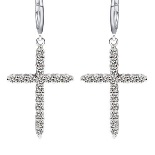 Silver Cross Dangle Earrings-Cross,Dangle Earrings,Earrings,Religious,Saint,Silver Earrings