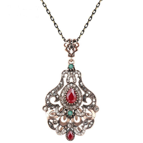 Red and Green Antique Pendant Necklace-Antique,Gold,Gold Necklaces,Red