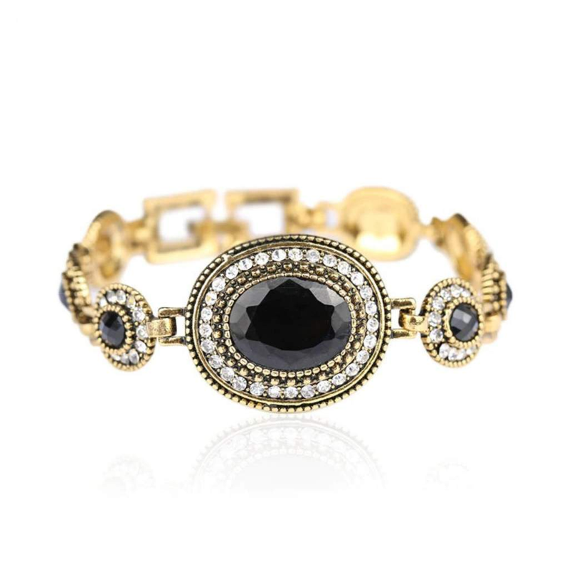 Black Crystal and Gold Link Antique Bracelet-Antique,Black,Crystal,Gold Bracelets