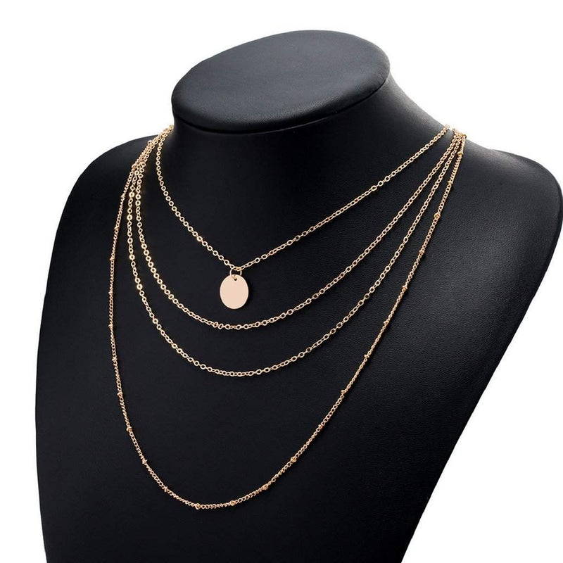 Gold Layered Disc and Chain Long Necklace-Gold Necklaces,Layered Necklaces,Long Necklaces