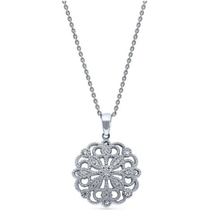 Sterling Silver CZ Flower Filigree Pendant Necklace.