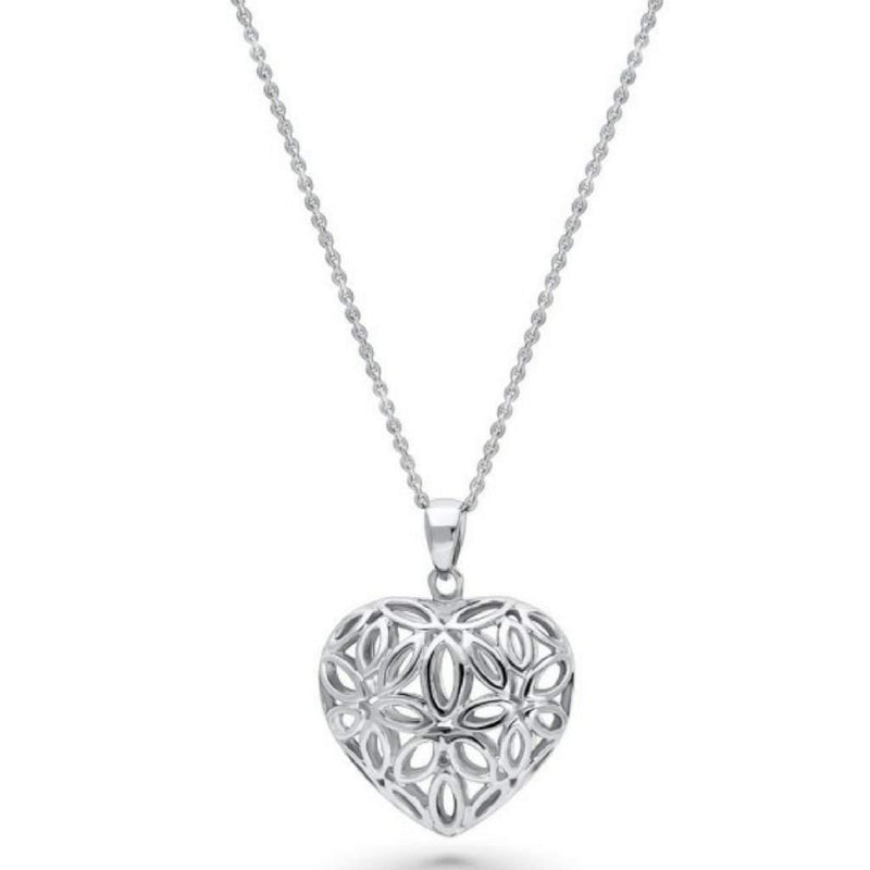 Sterling Silver Filigree Flower Heart Necklace-Heart,Sterling Silver Necklaces