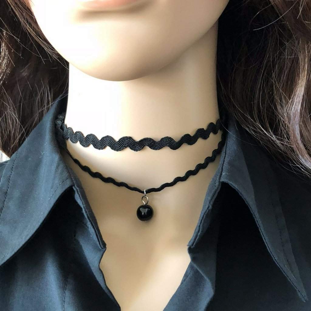 Black Layered Choker with Black Bead-Black,Chokers,Necklaces