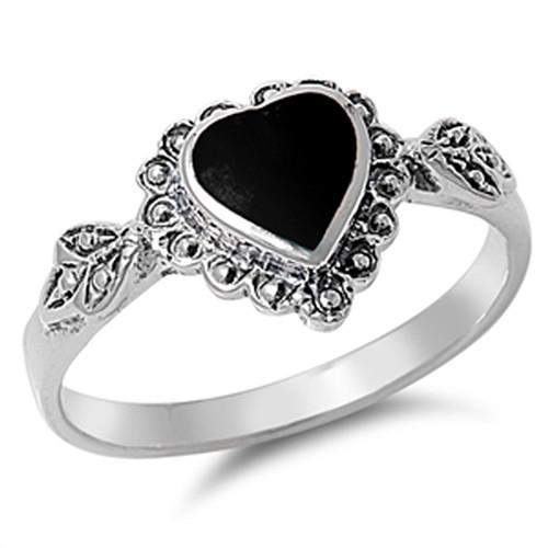 Fancy Black Onyx Heart Sterling Silver Ring-Black,Black Onyx,Heart,Sterling Silver Rings
