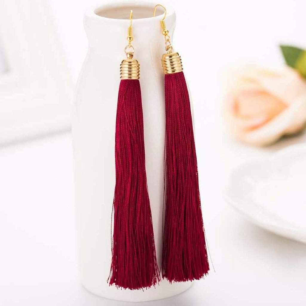 Burgundy Red Long Tassel Earrings-Tassel Earrings