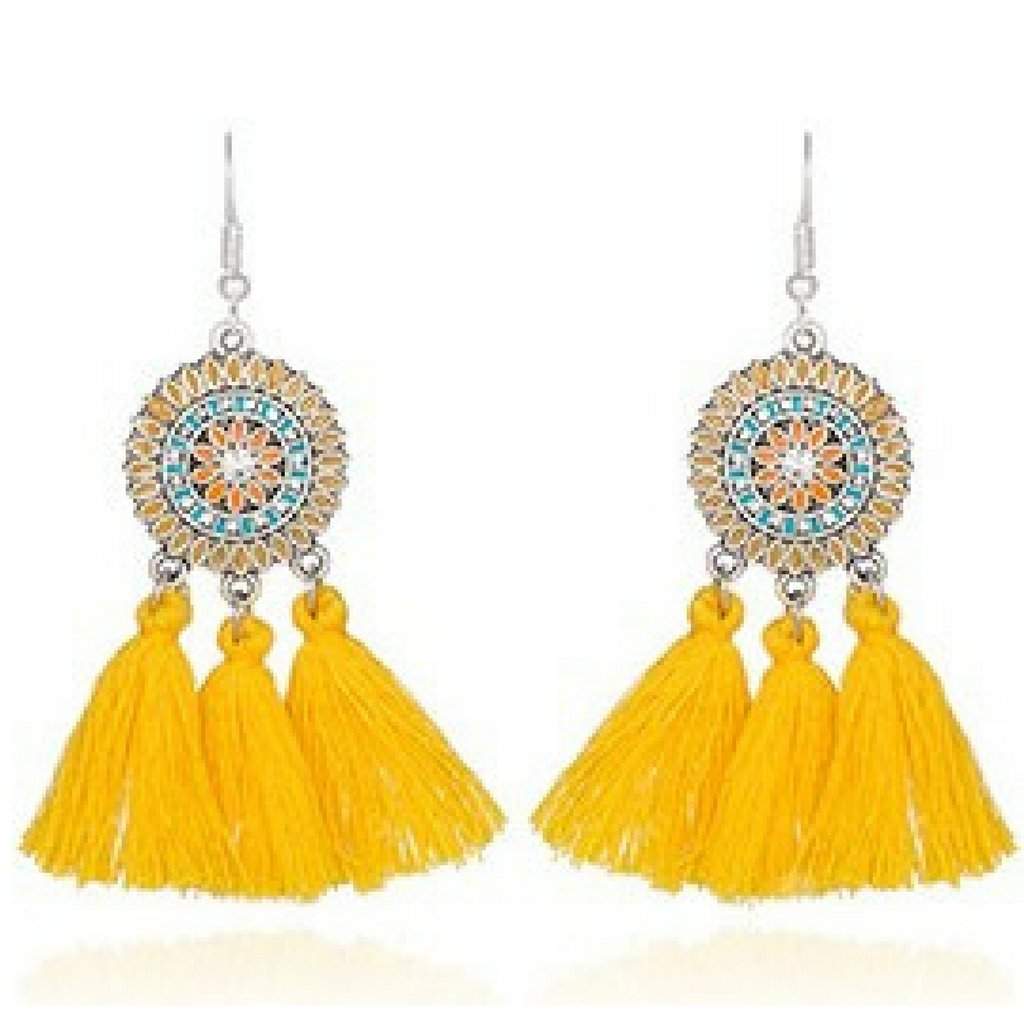 Yellow Bohemian Enameled Tassel Earrings-Dangle Earrings,Tassel Earrings