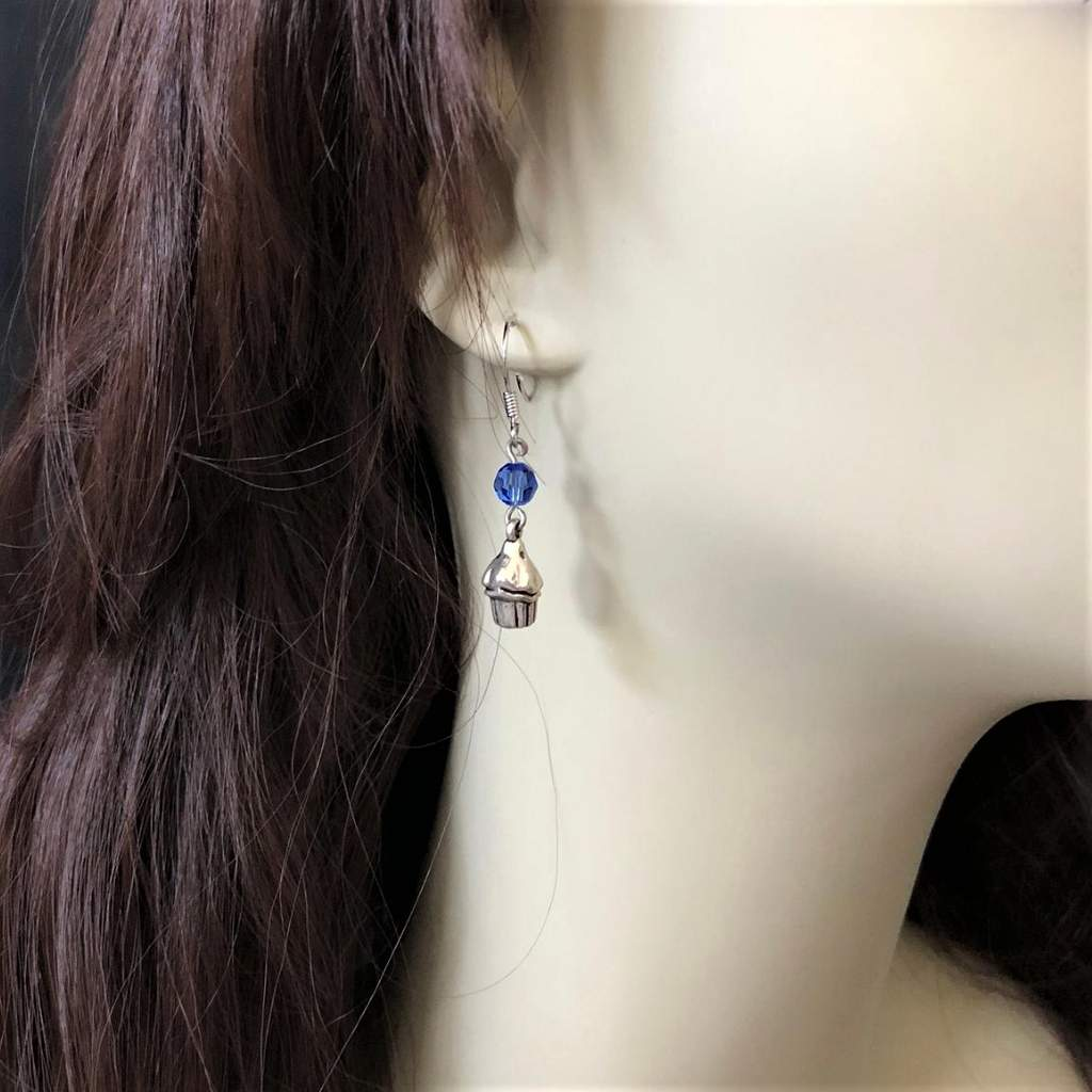 Silver Cupcake Dangle Earrings with Swarovski Crystals-Blue,Dangle Earrings,Green,Red,Silver Earrings