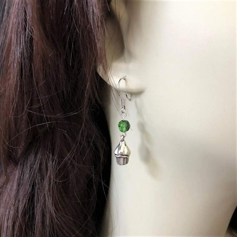 Silver Cupcake Dangle Earrings with Green Swarovski Crystals