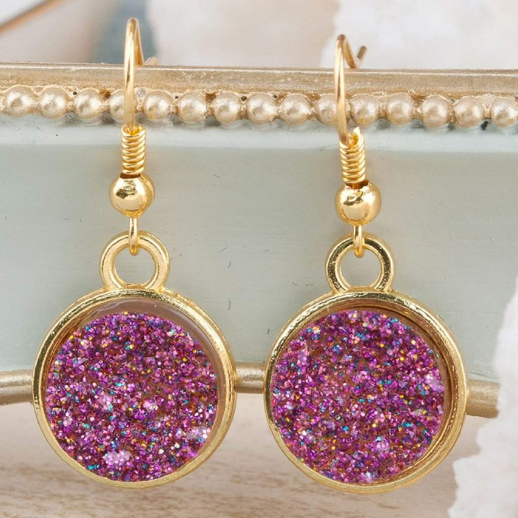 Blue, Gold, Silver, and Purple Druzy Dangle Earrings-Blue,Dangle Earrings,Gold,Gold Earrings,Purple,Silver