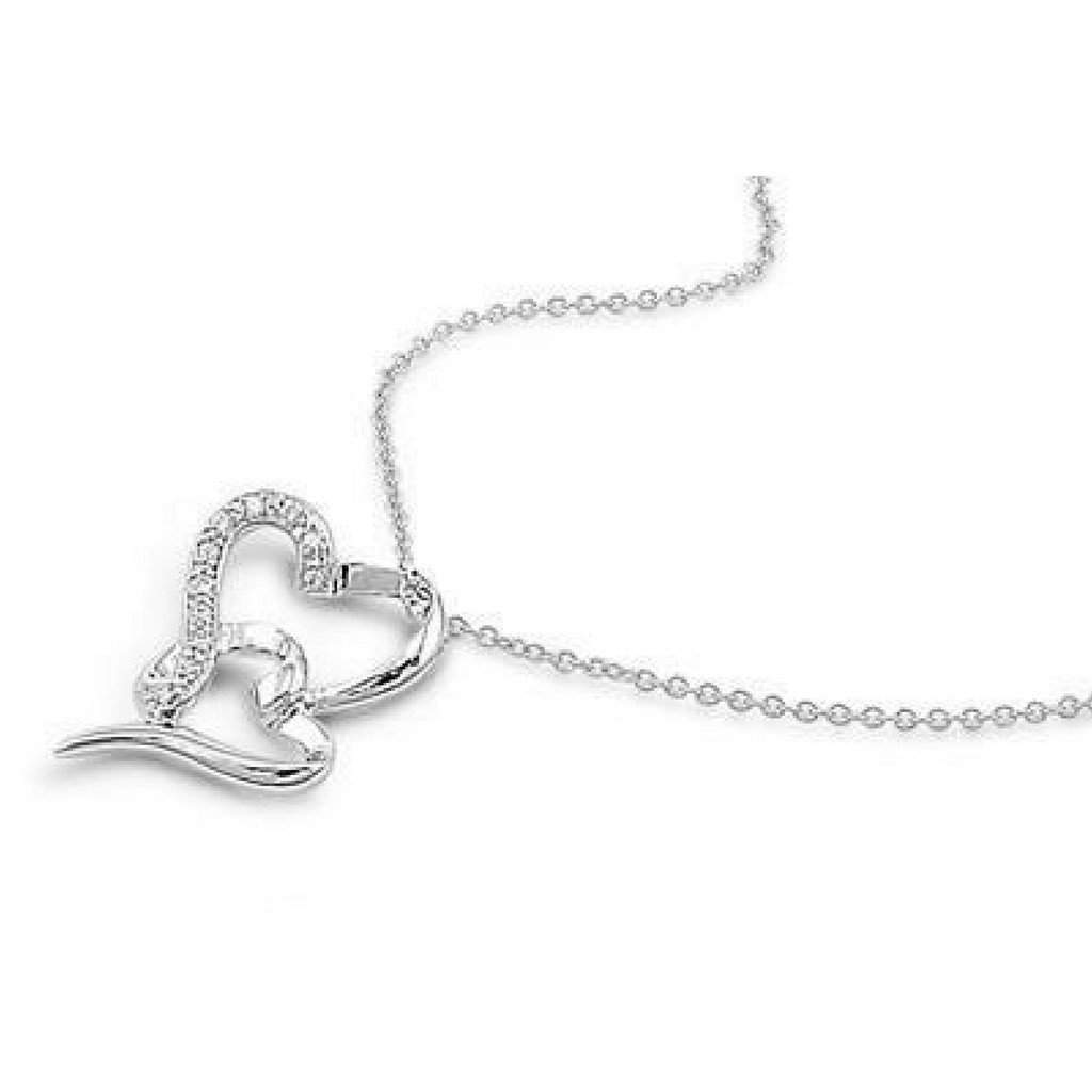 Double Hanging Sterling Silver and CZ Heart Necklace-CZ Necklaces,Heart,Sterling Silver Necklaces