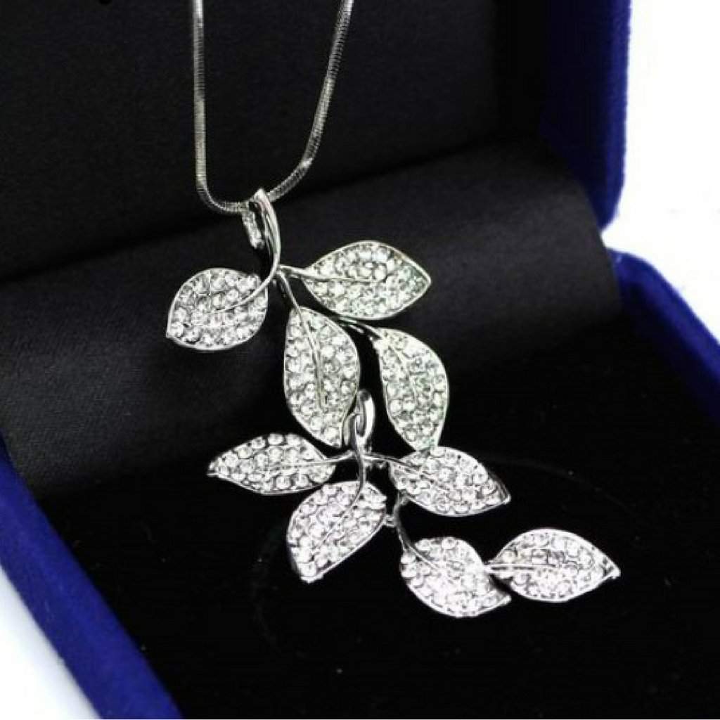 Rhinestone Crystal Leaf Long Necklace-Long Necklaces,Silver Necklaces