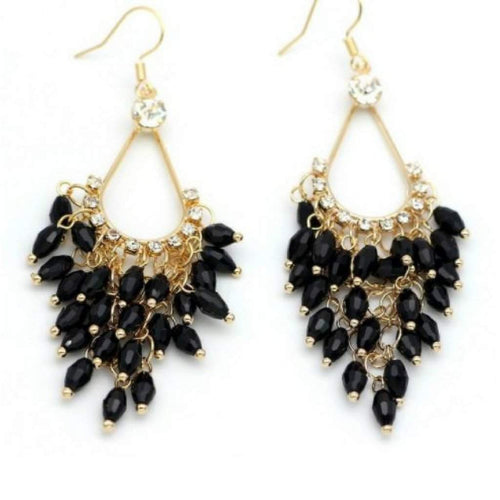 Black Crystal and Gold Chandelier Dangle Earrings-Dangle Earrings,Gold Earrings