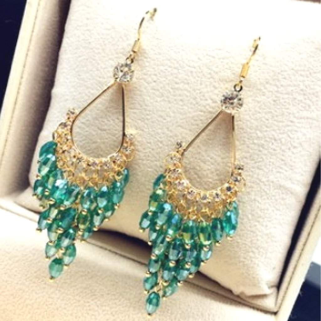Green Crystal and Gold Chandelier Dangle Earrings-Dangle Earrings,Gold Earrings,Green