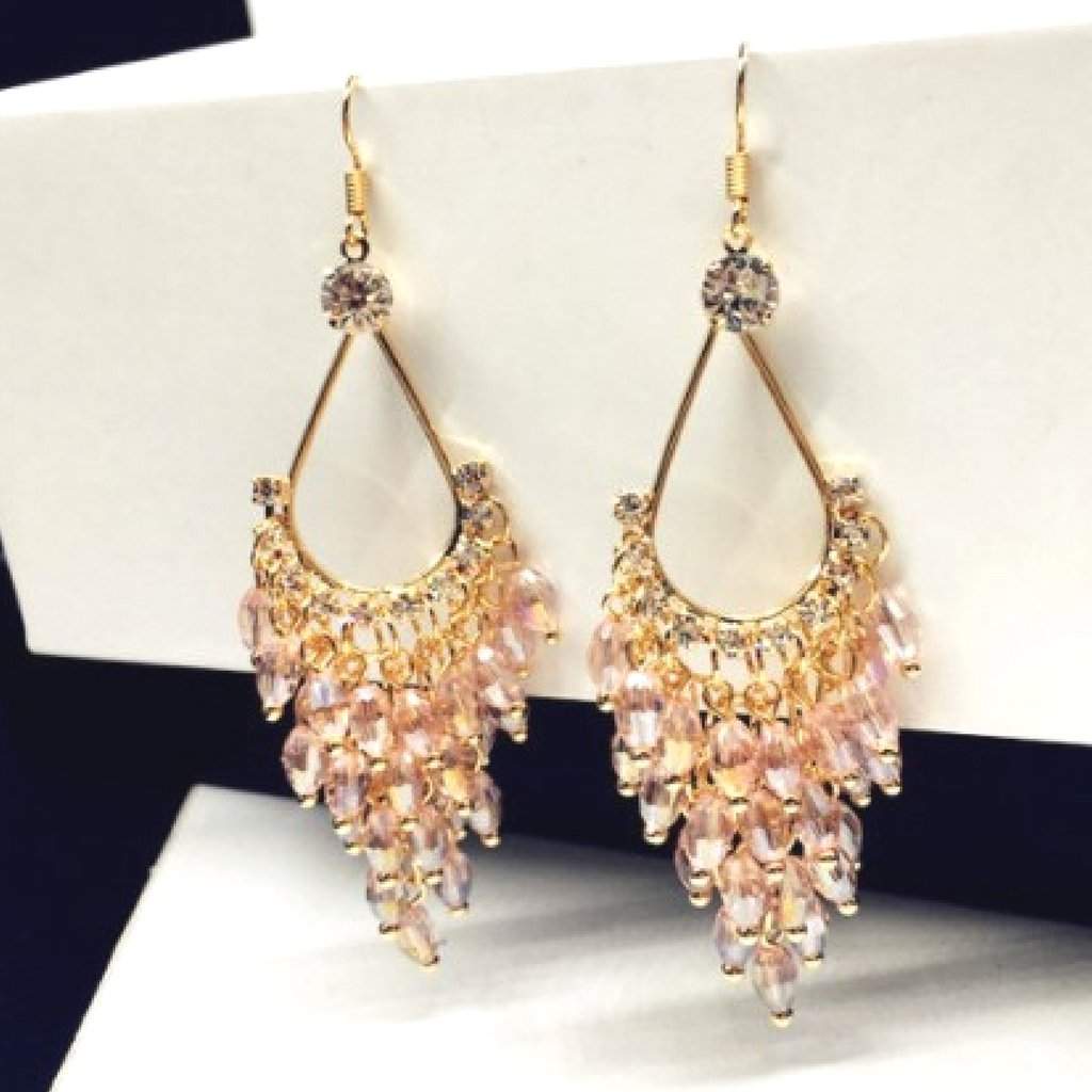 Pink Crystal and Gold Chandelier Dangle Earrings-Dangle Earrings,Gold Earrings